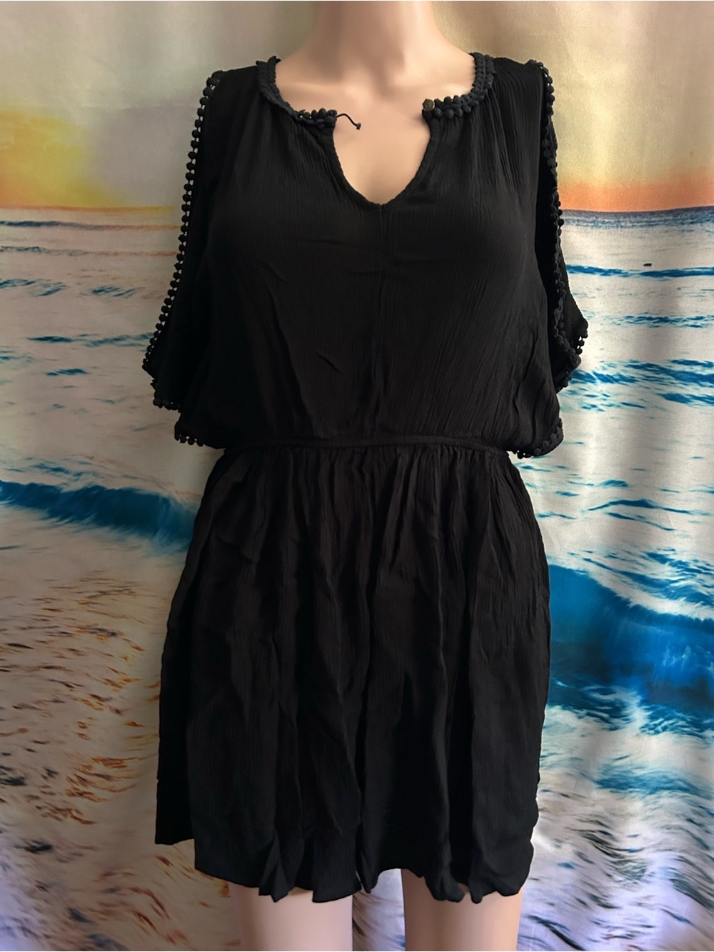 American Eagle Women’s Black Pom-Trim V-Neck Short Dress Cover Up XS